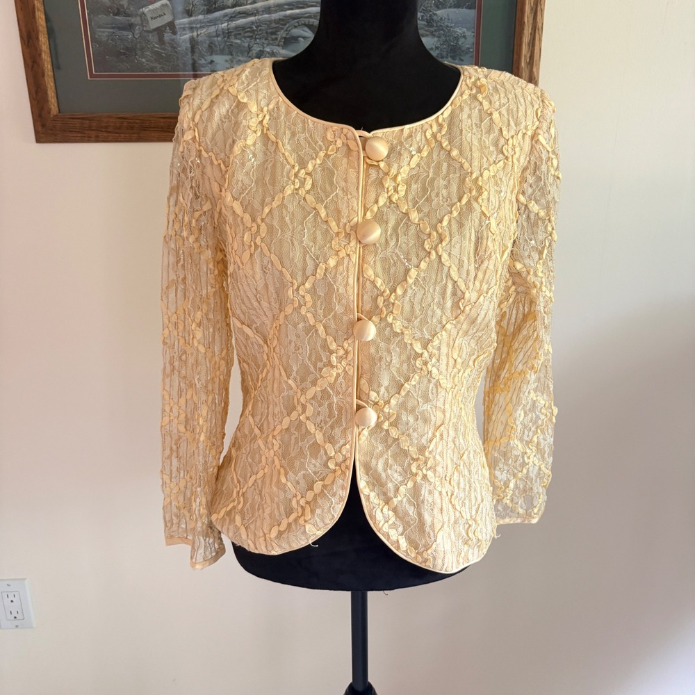 Nancy Neil Vintage Lace Sequin Jacket Womens 12 Yellow Evening Formal Blazer USA